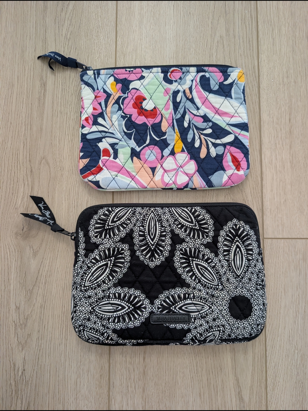 Vera Bradley Quilted Zip Pouches - Floral Multicolor & Black Paisley (Set Of 2)